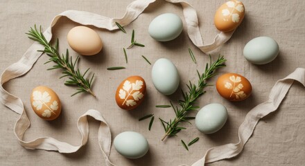 Easter eggs, decorated with leaf patterns,  on a linen tablecloth.  Fresh rosemary sprigs scattered around