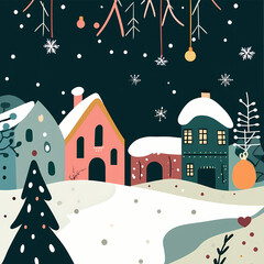 Naklejka premium Festive Village: Capture the spirit of the season with this enchanting illustration of a snow-covered village, twinkling lights and cozy houses. 