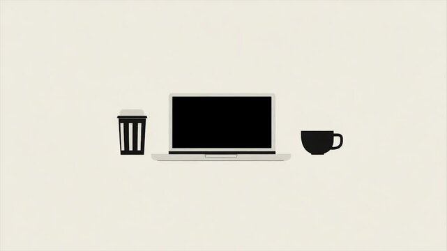 Minimalist digital workspace.  Simple laptop, coffee, and trash can on a light background