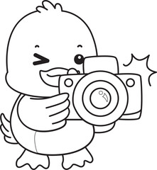 Coloring book of Cute Duck icon. Outline of  Funny baby Duck animal series stock illustration. life of fluffy Duck designs.
