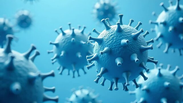 Microscopic View of Blue Viral Particles Floating in Space A detailed 3D rendering of virus cells ideal for medical or scientific presentations.