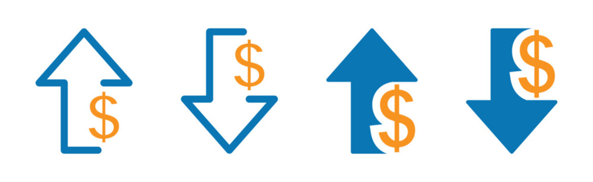 Money increase and decrease icons. Price, rate, cost, sale or profit going up or down symbol with arrow and us dollar sign. Transparent PNG and vector illustration.