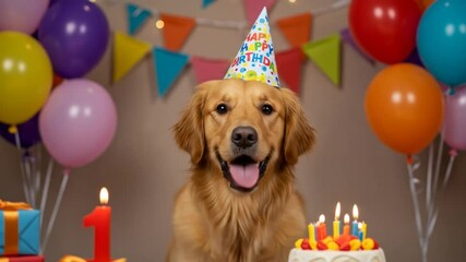 Adorable golden retriever celebrates its first birthday with festive decorations