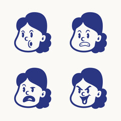 Cartoon vector of a little girl showing four expressions: happy, excited, talking, and sad. Ideal for educational tools, UI stickers, children’s books, or emotional expression packs
