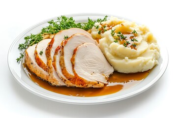 Sliced turkey breast with mashed potatoes and gravy presented on a white plate close up view background texture video