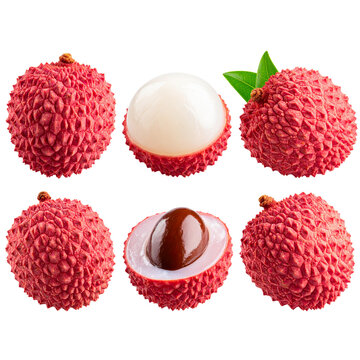 Peeled and Whole Lychee Fruit Set with Juicy Flesh, Transparent Background
