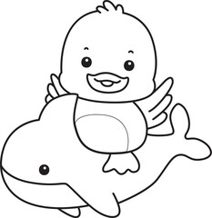 Coloring book of Cute Duck icon. Outline of  Funny baby Duck animal series stock illustration. life of fluffy Duck designs.