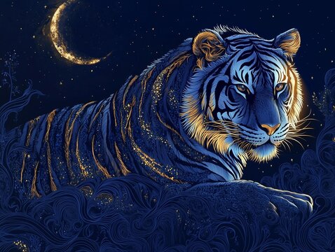 Sapphire Tiger Luxury Line Art &ndash; Gemstone Animal T-Shirt Design
