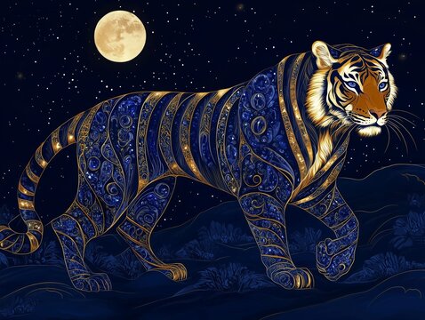 Sapphire Tiger Luxury Line Art &ndash; Gemstone Animal T-Shirt Design