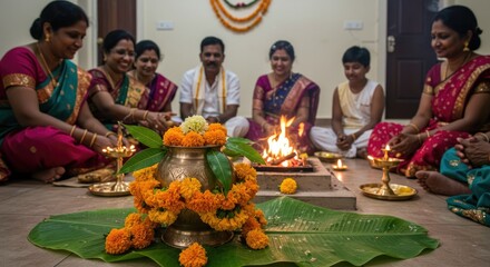 Family gathered for a religious ceremony.  Focus on a brass pot surrounded by flowers and flames