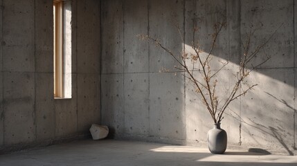 wabi-sabi interior, raw concrete walls, solitary branch in ceramic vase, minimal setting, natural decay