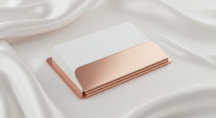 Elegant, minimalist card holder.  A rose gold holder for business cards on a smooth white satin backdrop