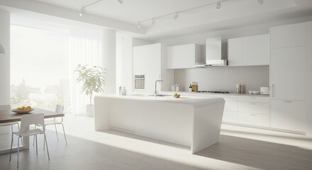 Bright white kitchen with island cabinets appliances and natural light.