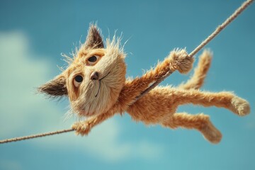 Obraz premium Un adorable gatito naranja se balancea con valentía sobre una cuerda floja contra un cielo azul vibrante.