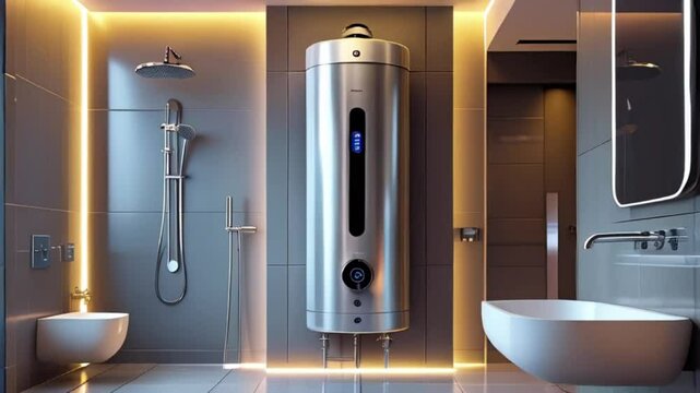 modern water heater installation in a luxurious private home, showcasing energy-efficient heating technology, with a contemporary bathroom upgrade as the backdrop, created with generative ai