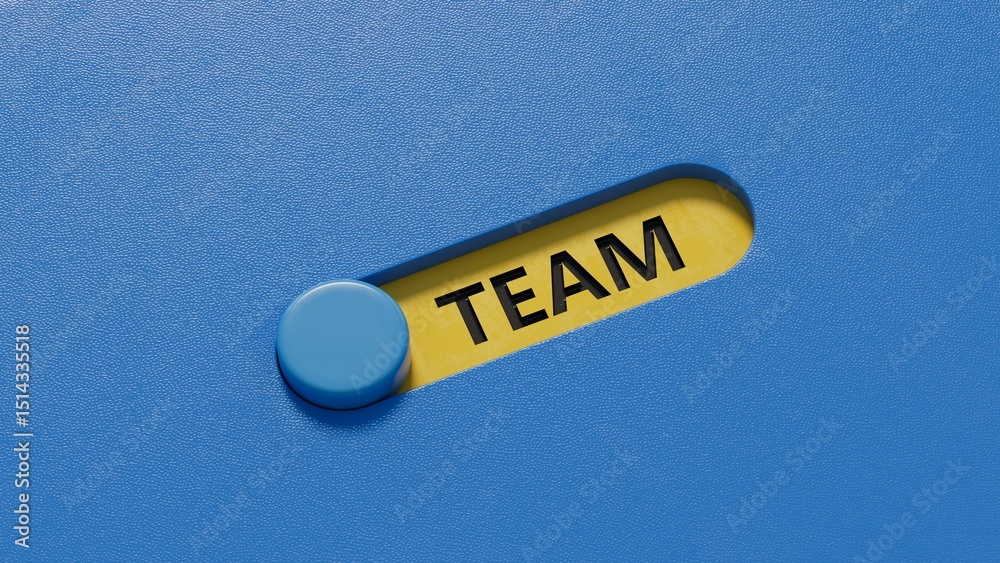 Poster the hand puts a slide switch with the letter t from the word team. the word is written on slide swit