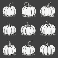 Pumpkin Collection: Nine hand-drawn pumpkins in varying sizes and orientations, displayed against a dark gray background. Perfect for autumnal designs and harvest celebrations.