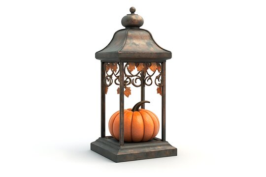 Pumpkin inside decorative metal lantern with leaf accents on a white background studio shot background texture video
