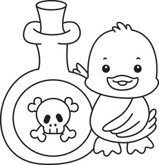 Coloring book of Cute Duck icon. Outline of  Funny baby Duck animal series stock illustration. life of fluffy Duck designs.