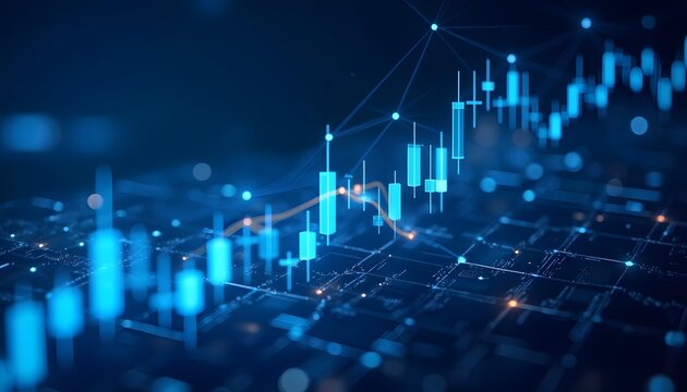 Dynamic chart depicting a global financial market performance with animated lines, graphs and luminous nodes, a visual of data-driven success in the technology sphere.