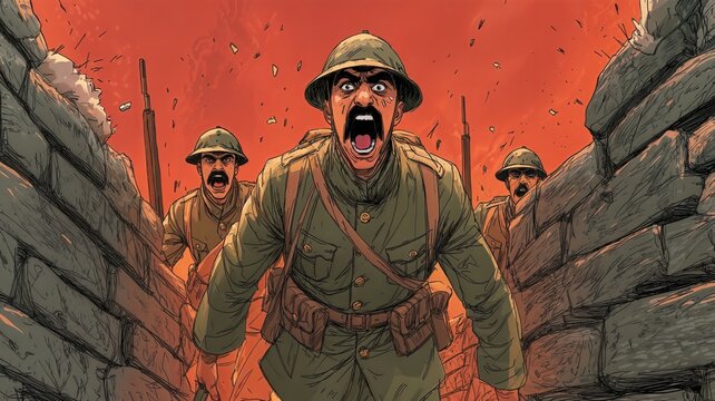 Un soldado grita en una trinchera durante la Primera Guerra Mundial.