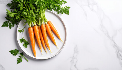 Top view of a fresh carrots with leaves on a round white plate. The concept of a healthy diet.
