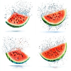 Four vibrant watermelon slices, each suspended in mid-air amidst a dynamic splash of water droplets against a stark white background, showcasing their juicy, red flesh and dark seeds