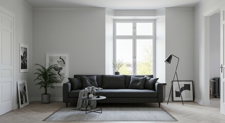 Living room interior with sofa rug window plant artwork and lamp.