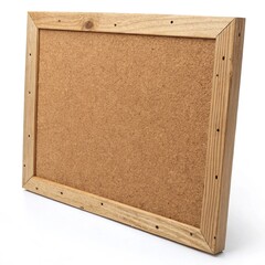Fototapeta premium Rustic wooden frame with a blank cork board, natural light wood texture, versatile empty noticeboard for messages, pins, and creative display, isolated on white background.