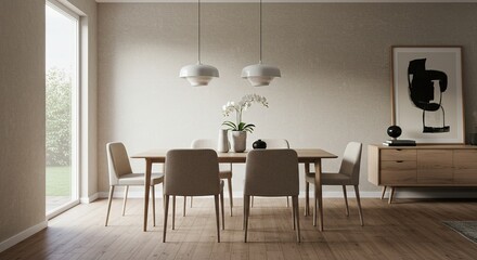 Fototapeta premium Dining room interior with table chairs pendant lights and artwork in neutral colors.