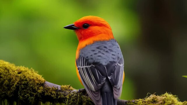 Vibrant orange and slate-colored bird perched on a mossy branch, captured in a lush, natural setting. A striking avian portrait
