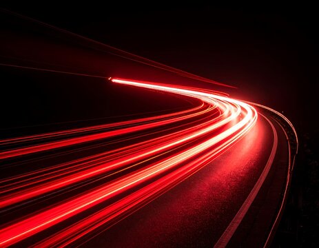 Red light trails on a curved highway at night