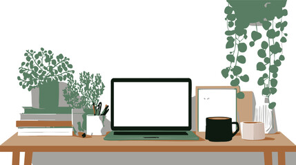 Fototapeta premium cozy workspace illustration with laptop and plants
