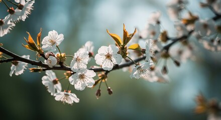 Branch with white blossoms and green leaves against a blurred blue background.