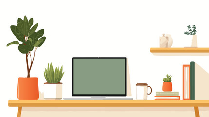Fototapeta premium cozy workspace illustration with laptop and plants