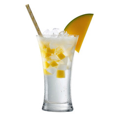 Refreshing mango and coconut drink with ice cubes and fruit garnish, isolated on transparent background, tropical summer mocktail, premium mixology concept for beverage design

