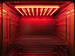 oven interior with red heating elements turned on for preheating before baking begins, electric oven for grilled food template
