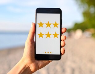 Hand holding phone showing five-star rating