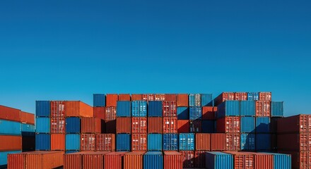 Obraz premium Stacked shipping containers in a yard under a clear blue sky.