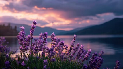 Naklejka premium Lavender blossoms flourish by the lakeside mountain at sunset creating a serene landscape
