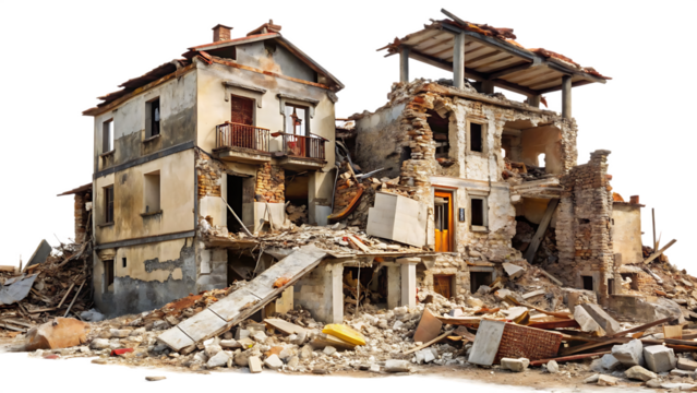 destroyed buildings after earthquake isolated on white background PNG,AI GENERATED