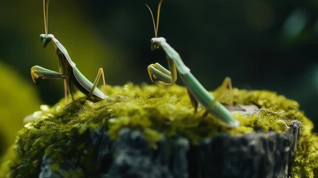 Two praying mantises face each other atop a mossy tree stump, captured in a detailed, natural light photograph