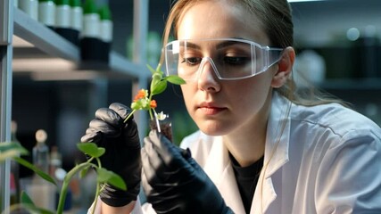 Young female scientist in a lab coat carefully examines a small plant with tweezers. Close-up view, neutral lighting - Powered by Adobe