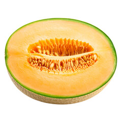  Half-Cut Orange Melon with Visible Seeds and Juicy Texture, Isolated PNG