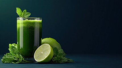 Delicious green smoothie in a glass garnished with a lime slice on a bright background ideal for healthy living and detox