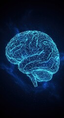 Digital brain illustration blue on dark background representing intelligence and technology.