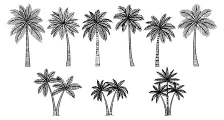 Obraz premium Palm trees on white background. Logo and print design templates, summer palms, tropical surfing concept, vacation and travel. Transparent PNG version.
