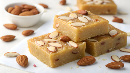 “Traditional mithai Badam Barfi with rich texture and almond garnish, photographed on white for gift box or menu use.”