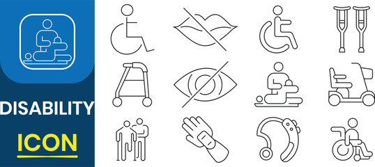 Disability icon vector set. Disability icon set with experience difficulties, society,  wheelchair, accessibility, blind, broken leg, disabled, assistance, deafness icon. Vector illustration.