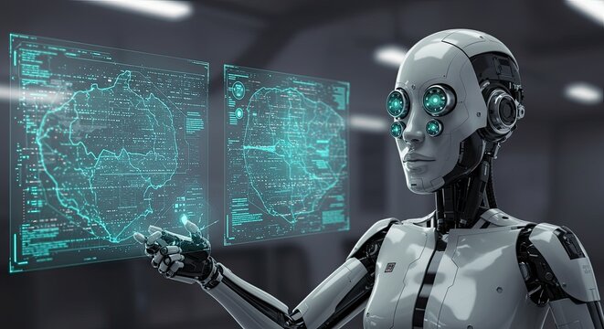 Futuristic robot interacts with holographic maps - Powered by Adobe